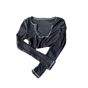 Black Long Sleeve Crop Top with White Stitching